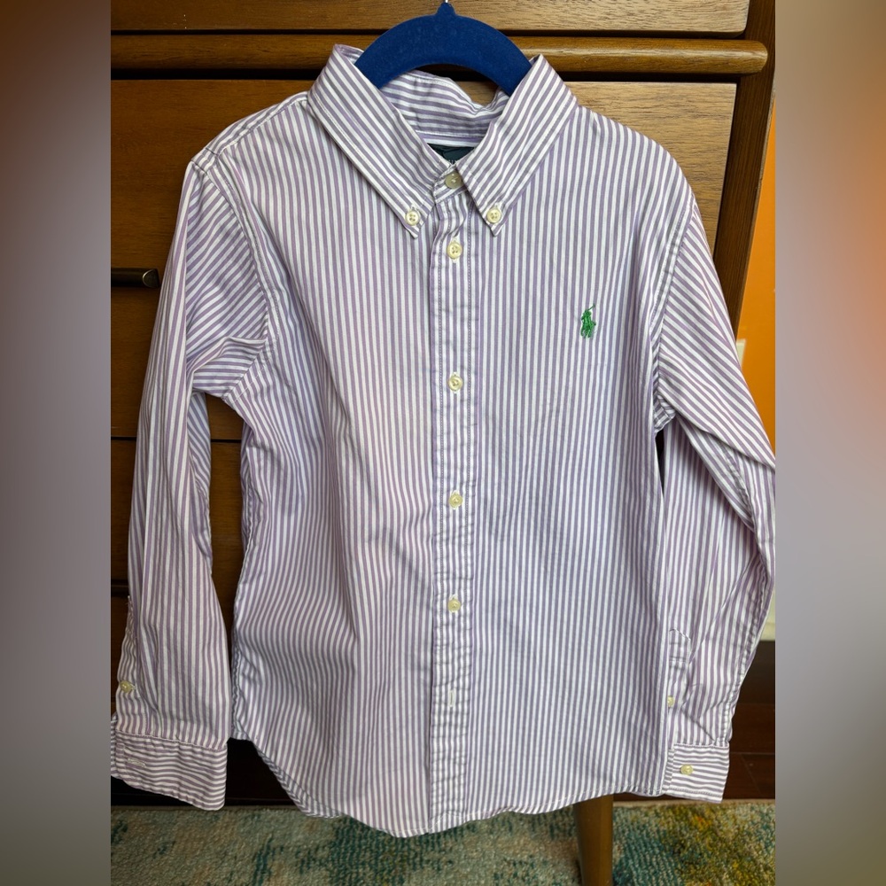 Ralph Lauren Cotton Shirt Boys Purple Striped Long Sleeve Button Classic Size 5 - Picture 5 of 10